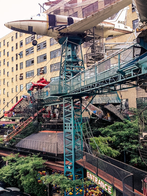 View of outdoor climbing structures and tunnels at the City Museum in downtown St. Louis.