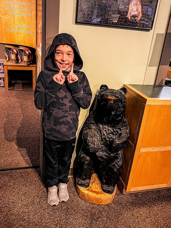Bear posing with a bear statue at the Sugarlands Visitor Center at Great Smoky Mountains National Park.