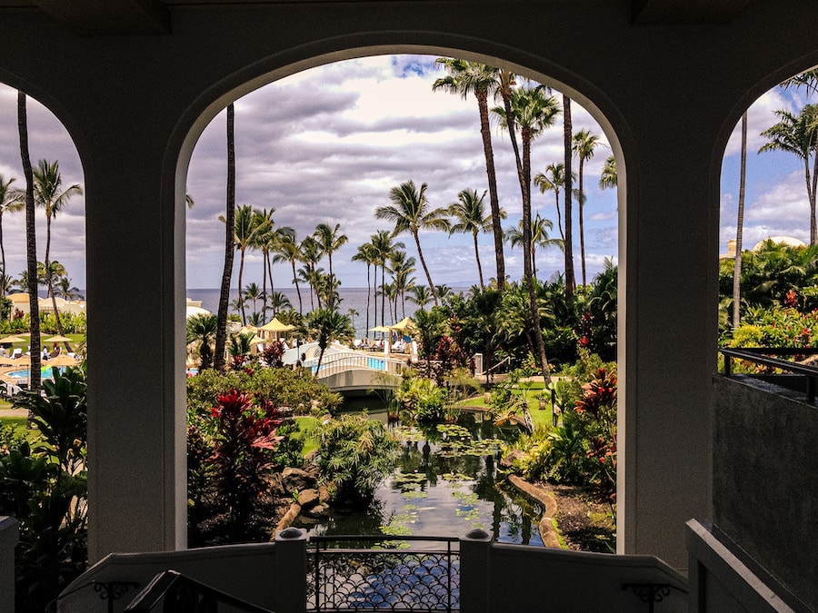 View of hotel grounds and ocean at Fairmont Kea Lani in Wailea