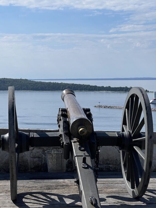 Cannon overlooking the lake on Mackinac Island
