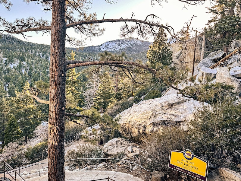 Mountains, trees, and San Jacinto State Park sign