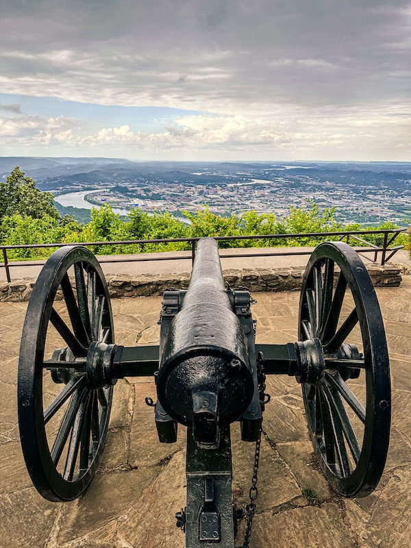 Cannon with a view from the top of Lookout Mountain at Point Park