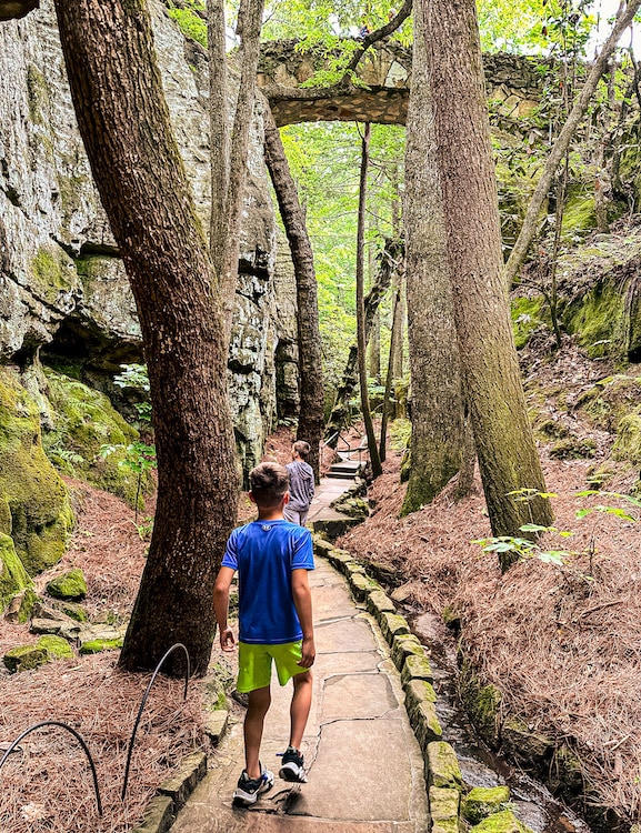 Two boys at Rock City standing on a path with trees, plants and large rocks surrounding them.