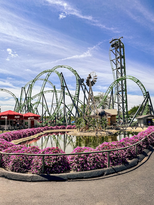 Green Monster roller coaster at Adventureland in the background with a pond and flowers in the foreground.