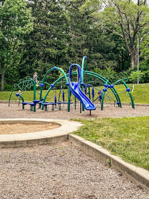 Blue and green playground with a slide and climbing structures.