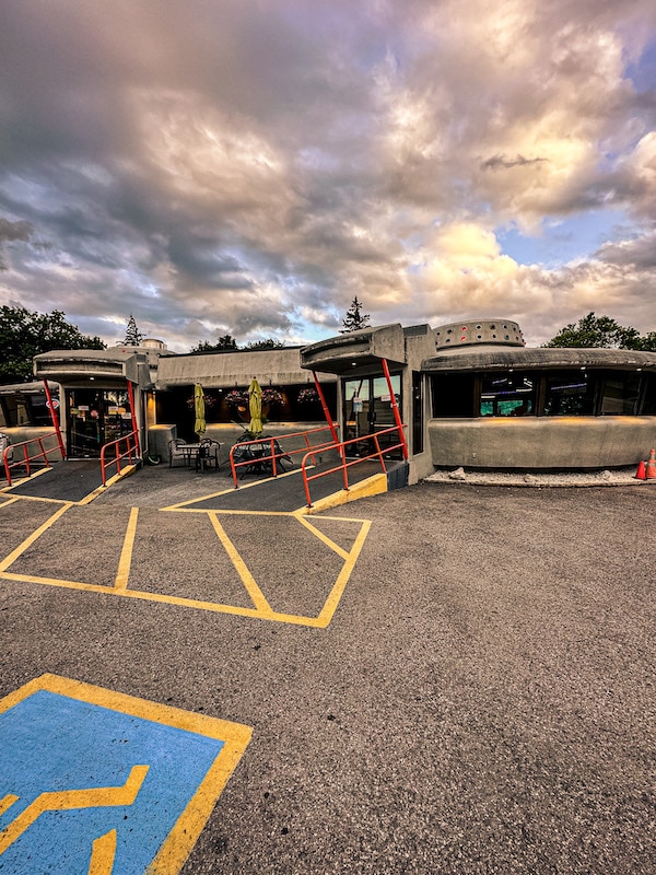 Exterior of the Flying Saucer Restaurant which is shaped like a great saucer.