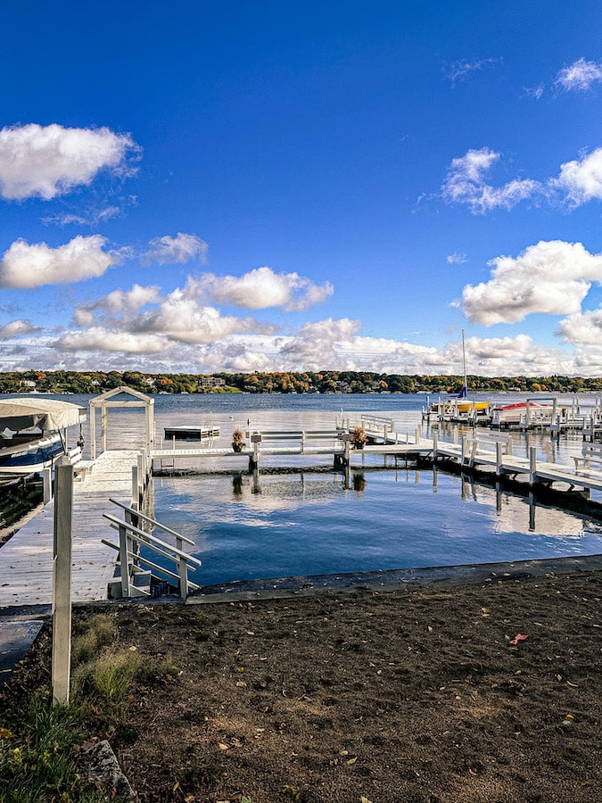 View of docks and boats on Geneva Lake in Wisconsin.