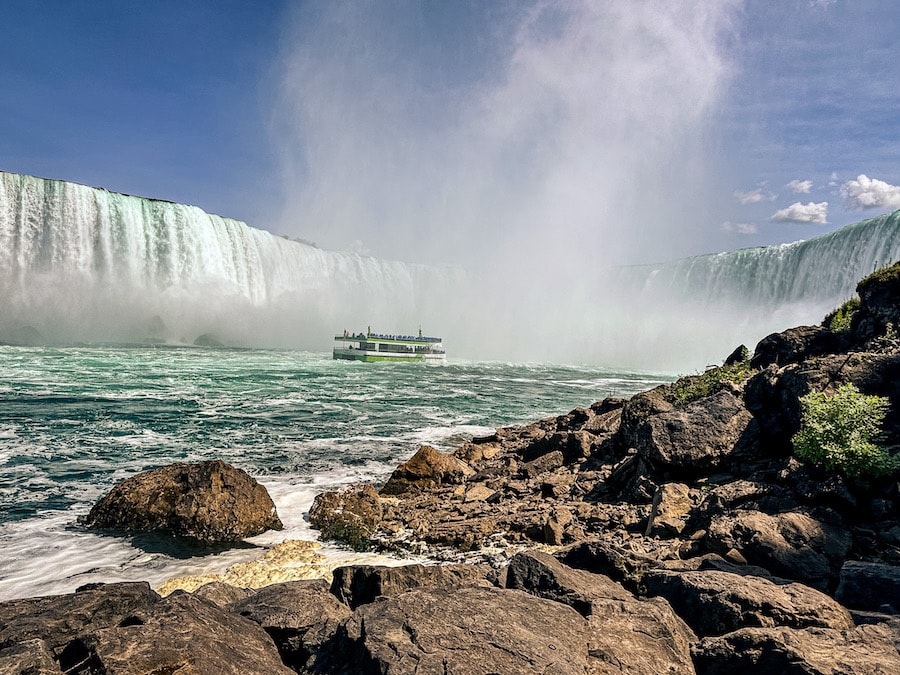 View of Horseshoe Falls and the Maid of the Mist boat from the observation deck at the Power Station and Tunnel.