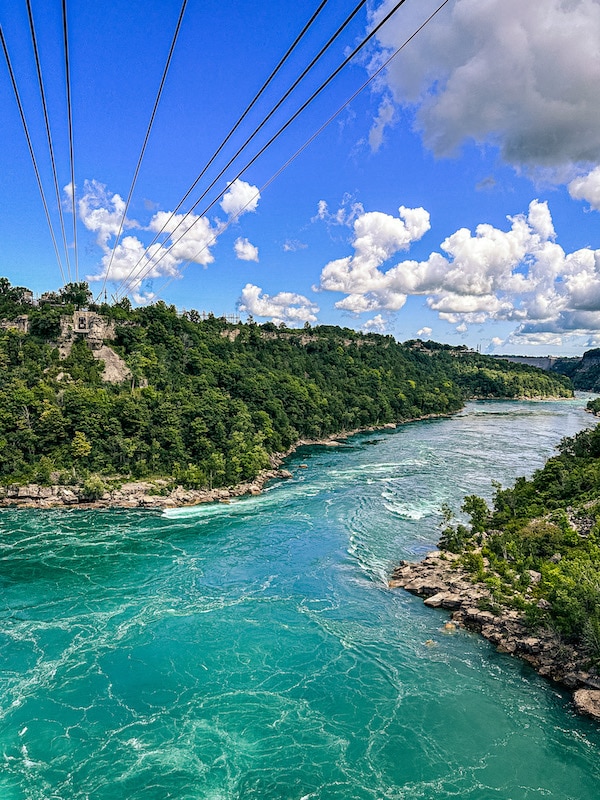 View of the teal Niagara River from the Whirlpool Aero Car.