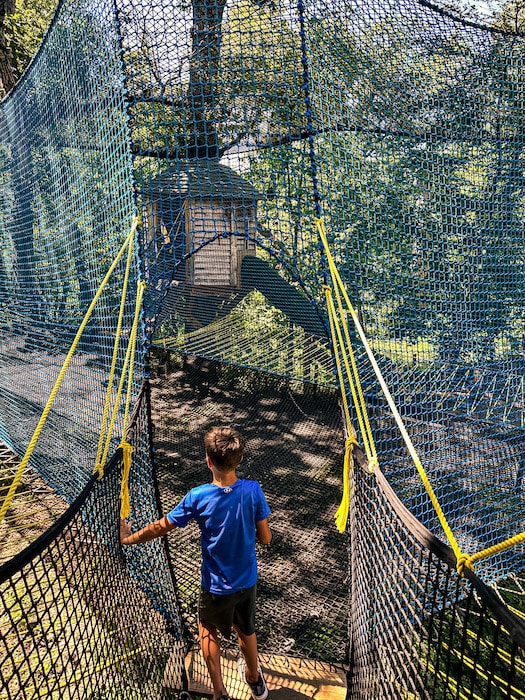 Boy approaching WonderNet at Treetop Village at Tree Adventure.