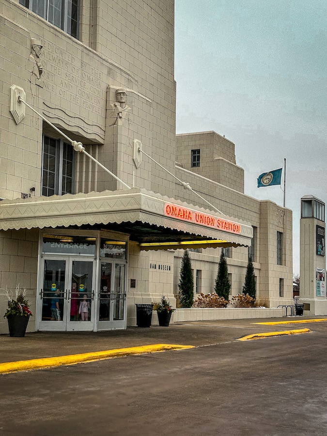 Exterior entrance with an awning of the Durham Museum in Omaha