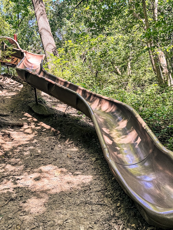 Slide going down the side of a hill at Tree Adventure at Arbor Day Village.