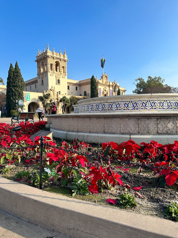 Flowers and a fountain that is not turned in with historical building in the background in the Balboa Park Plaza.