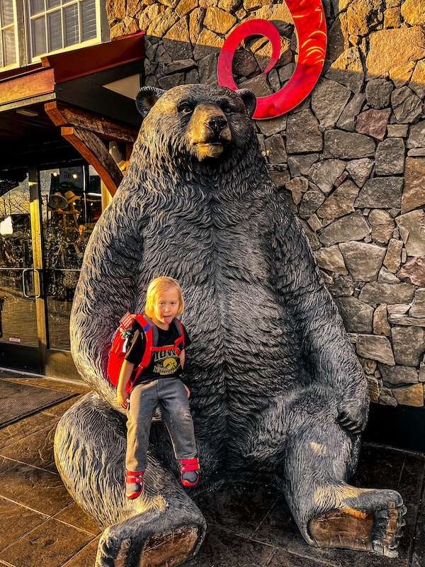 Young child sitting on a large bear statue at the Island in Pigeon Forge.