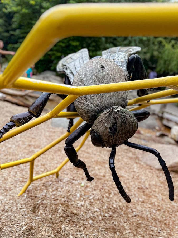 Close-up of a large bee-shaped climbing structure at the Bay Family Children’s Adventure Trails in Omaha’s Henry Doorly Zoo.
