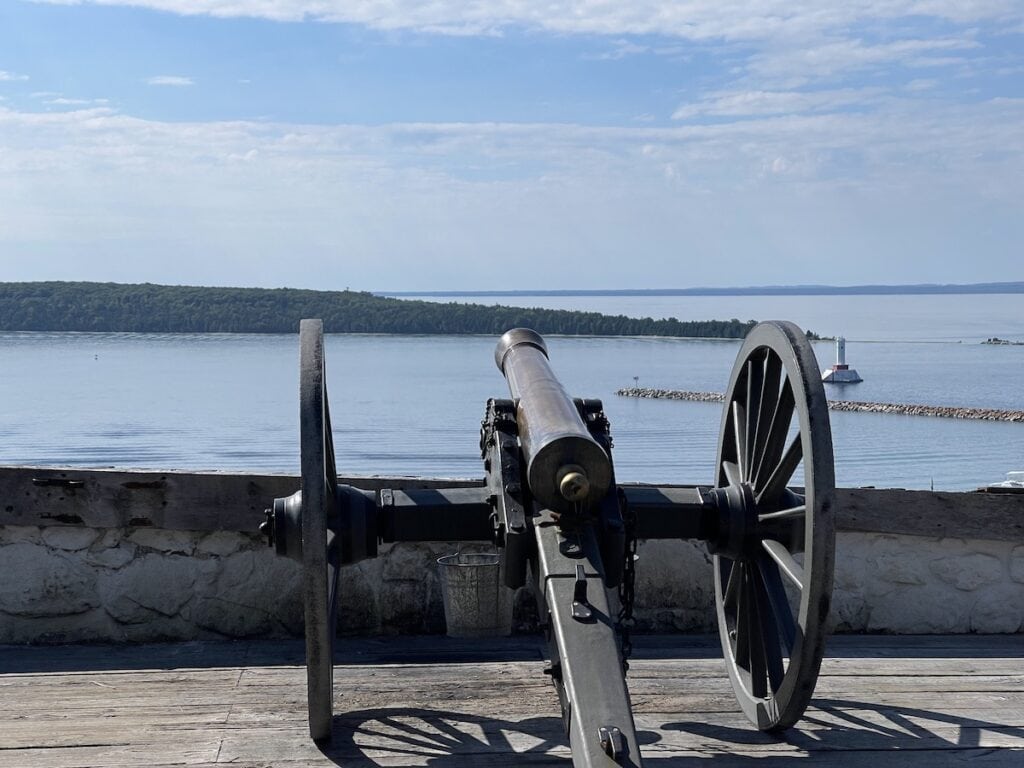 Historic cannon overlooking Lake Huron at Fort Mackinac on Mackinac Island, Michigan
