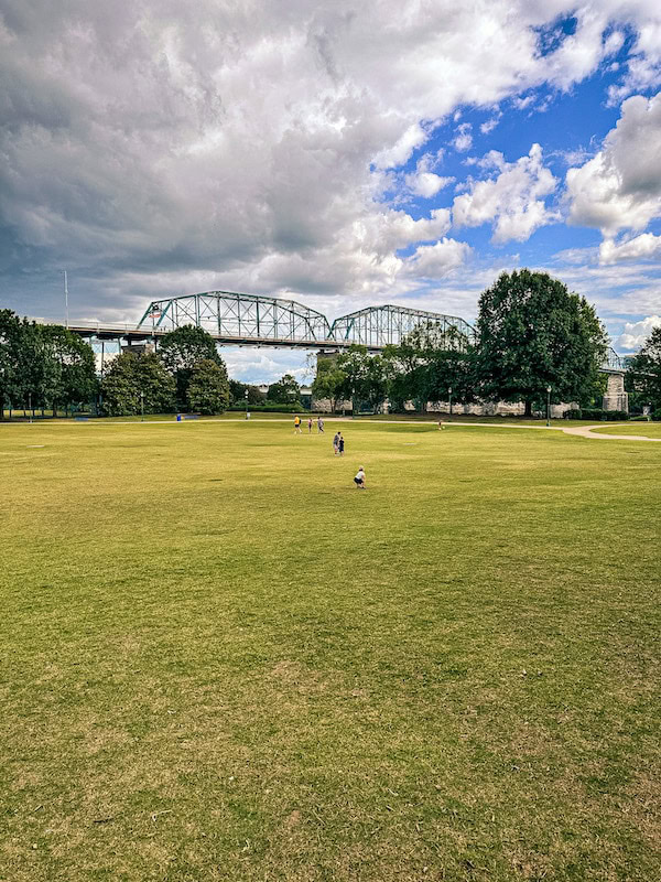 Large grassy field with people running and playing in it with the Walnut Street Pedestrian bridge in the background