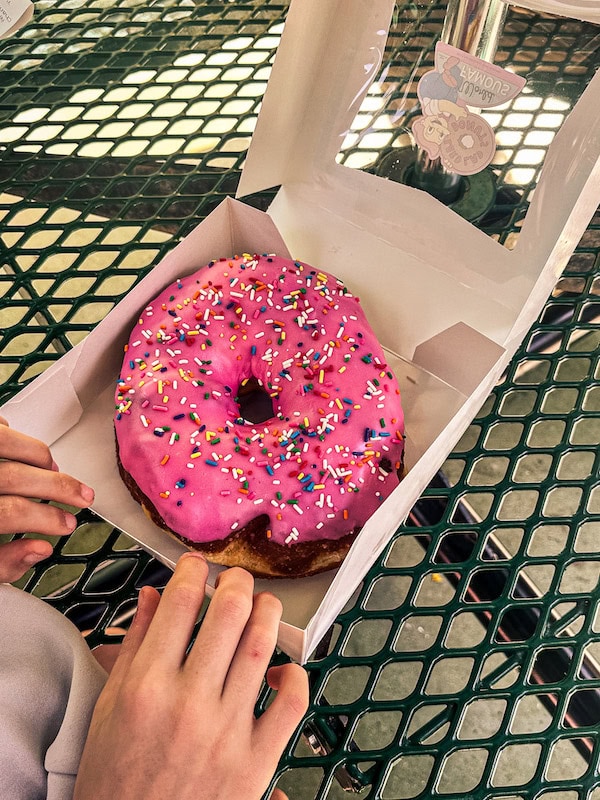 Giant pink-frosted Lard Lad Donut from Springfield U.S.A. at Universal Studios Hollywood.