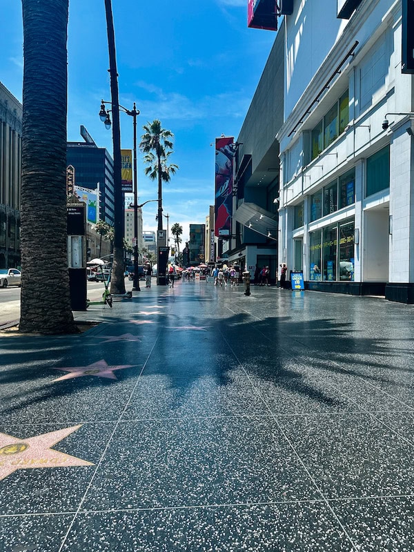 Hollywood Walk of Fame stars lining Hollywood Boulevard with palm trees, storefronts, and visitors walking along the famous sidewalk in Los Angeles.