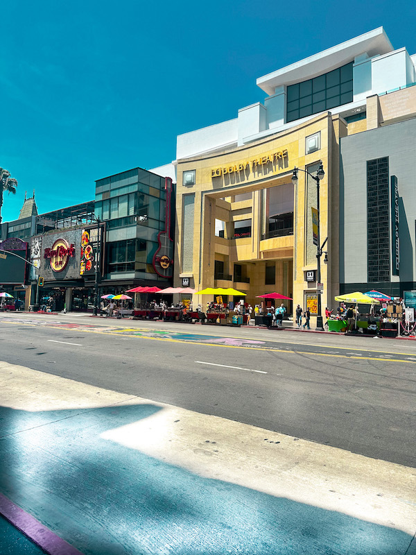 Dolby Theatre on Hollywood Boulevard in Los Angeles, home of the Academy Awards, with shops, restaurants, and visitors along the sidewalk.