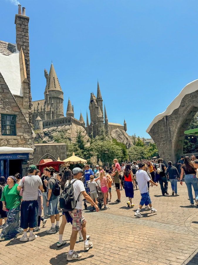 Hogwarts Castle towering above The Wizarding World of Harry Potter at Universal Studios Hollywood.