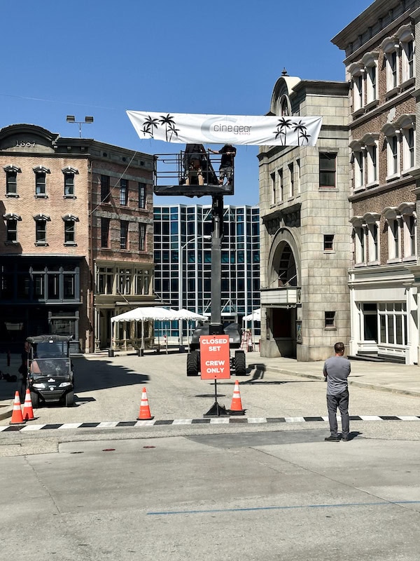Working movie set viewed from the Universal Studios Hollywood Studio Tour tram.