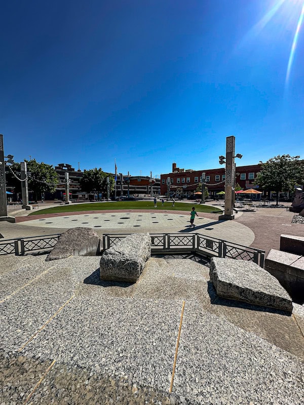 Main Street Square in downtown Rapid City, South Dakota, with the open plaza and surrounding restaurants and shops.