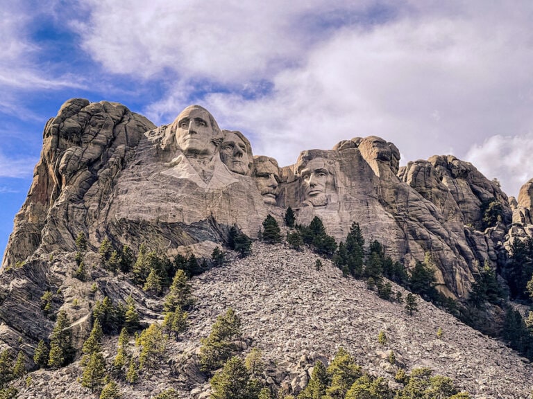 Close-up view of Mount Rushmore National Memorial with the four presidential sculptures carved into the Black Hills of South Dakota.