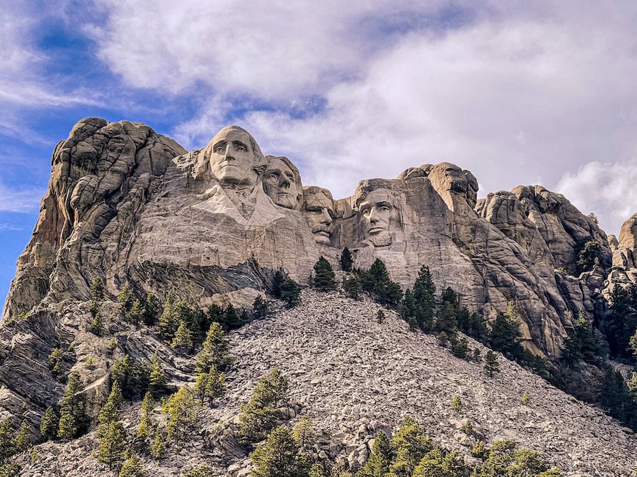 Close-up view of Mount Rushmore National Memorial with the four presidential sculptures carved into the Black Hills of South Dakota.