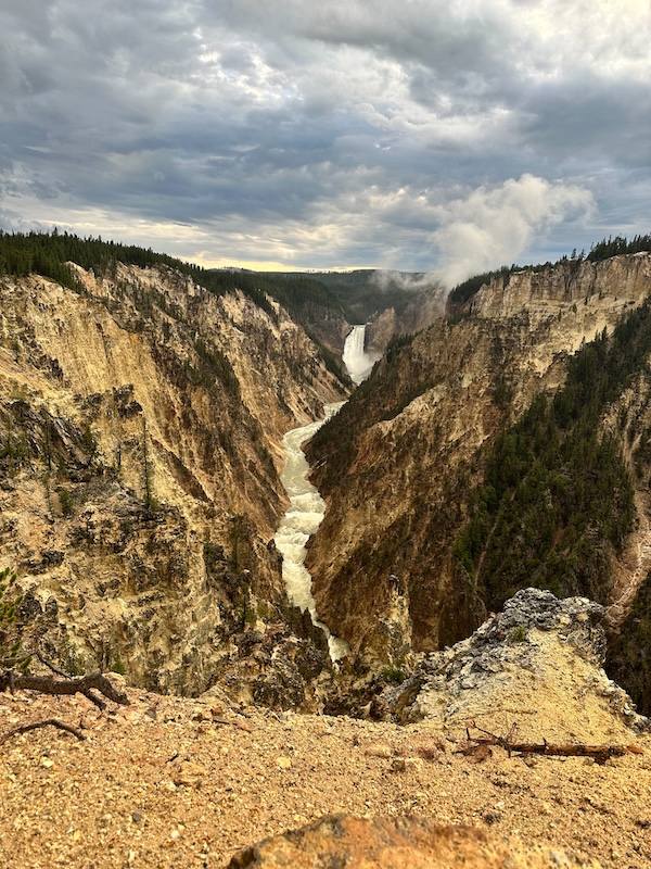 Lower Falls and the Yellowstone River winding through the colorful Grand Canyon of the Yellowstone from Artist Point.