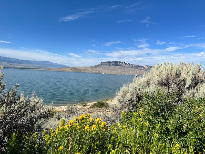 Buffalo Bill Reservoir surrounded by sagebrush, wildflowers, and rugged mountains in Wyoming.