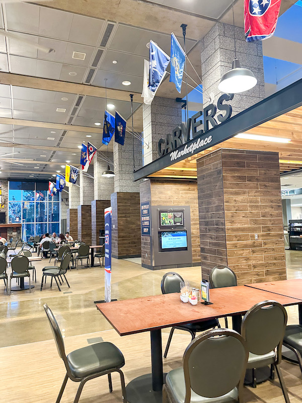 Interior seating area at Carvers' Marketplace restaurant inside Mount Rushmore National Memorial.