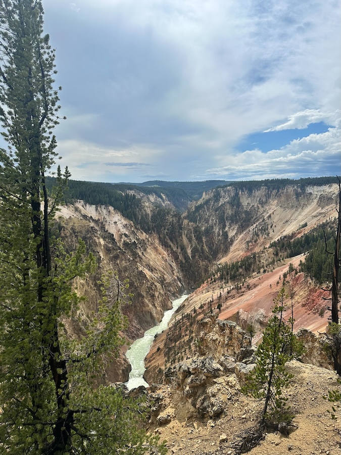 Yellowstone River winding through the colorful steep canyon walls at Inspiration Point in Yellowstone National Park.
