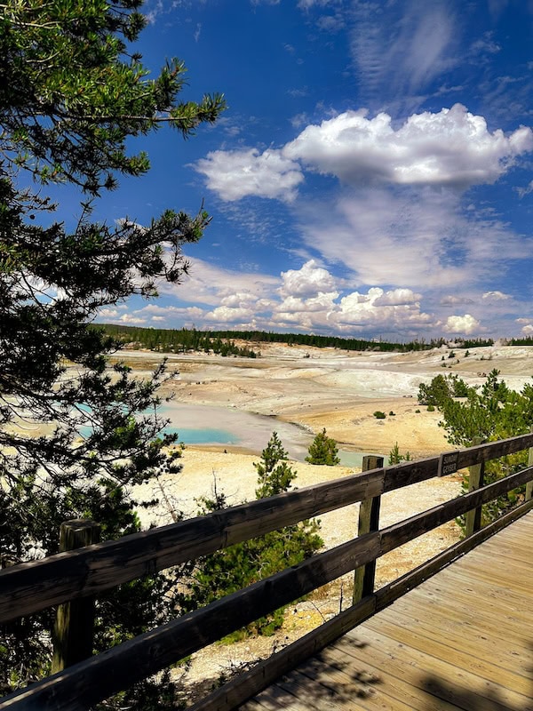 Wooden boardwalk overlooking colorful thermal features and steaming landscape at Norris Geyser Basin in Yellowstone National Park.
