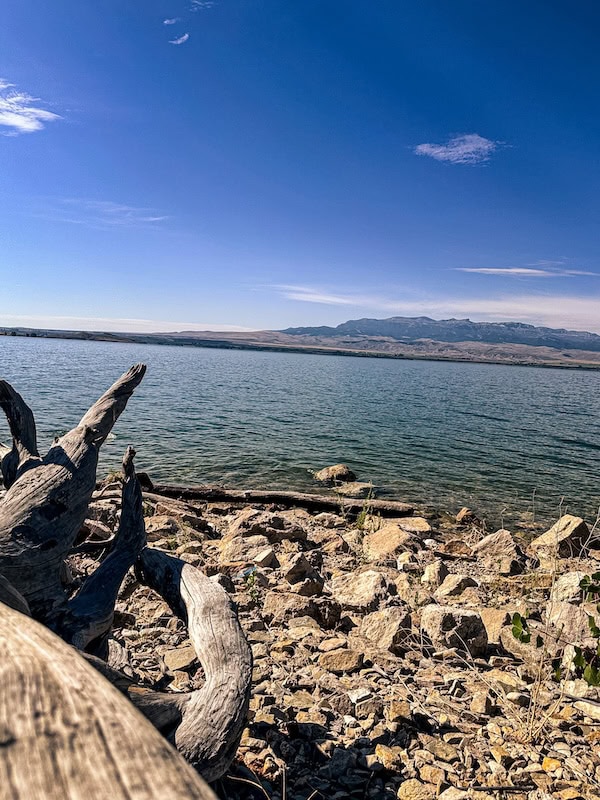 Rocky shoreline with driftwood overlooking Buffalo Bill Reservoir and the surrounding mountains in Wyoming.