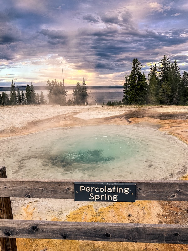 Percolating Spring steaming beside Yellowstone Lake at West Thumb Geyser Basin in Yellowstone National Park.